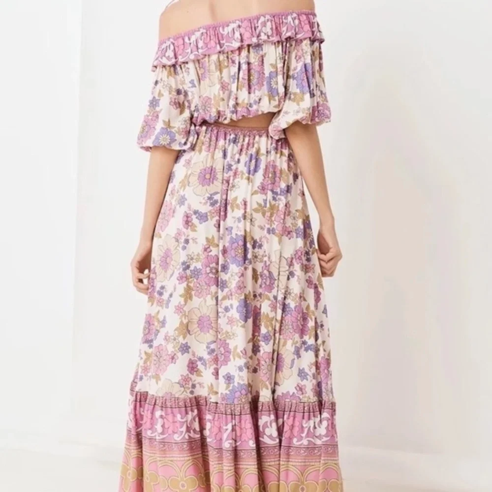 Waverly Boho Pink Floral Print Off Shoulder Crop top Maxi Skirt Set - Picture 10 of 16